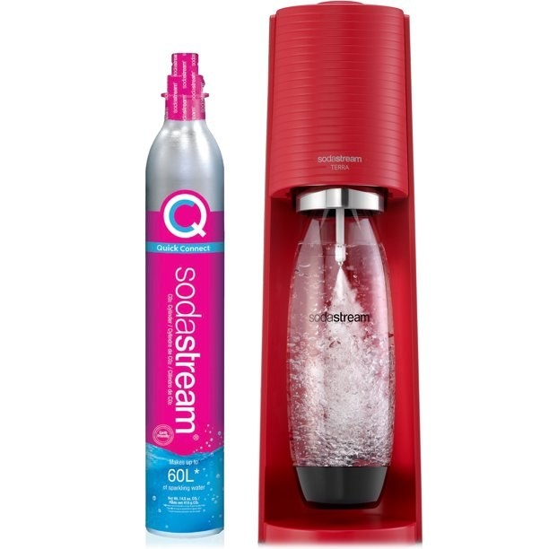 the pink carbonating canister and the red machine