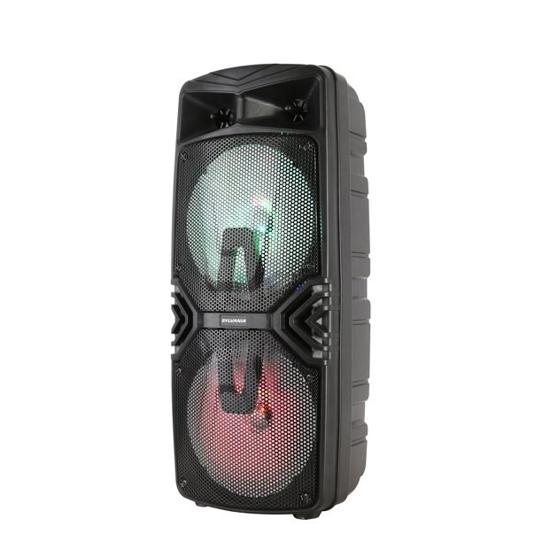 the black speaker with red and green lights