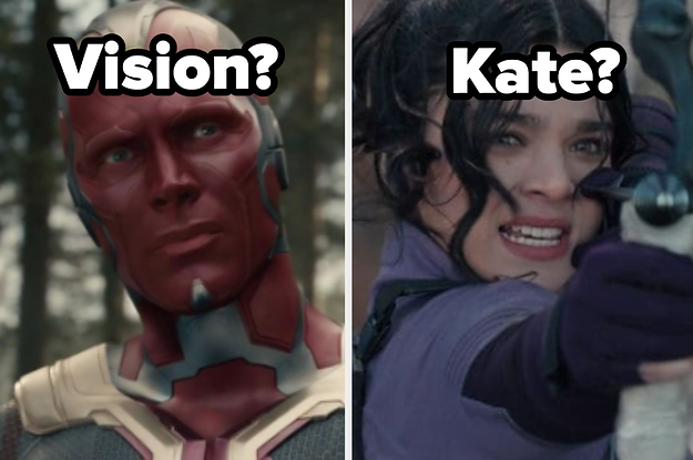 A close up of Vision from "Avengers: Age of Ultron" and Kate Bishop from "Hawkeye"