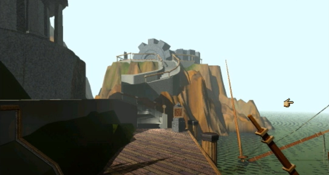 A first-person view of the player standing on the dock on the island of Myst