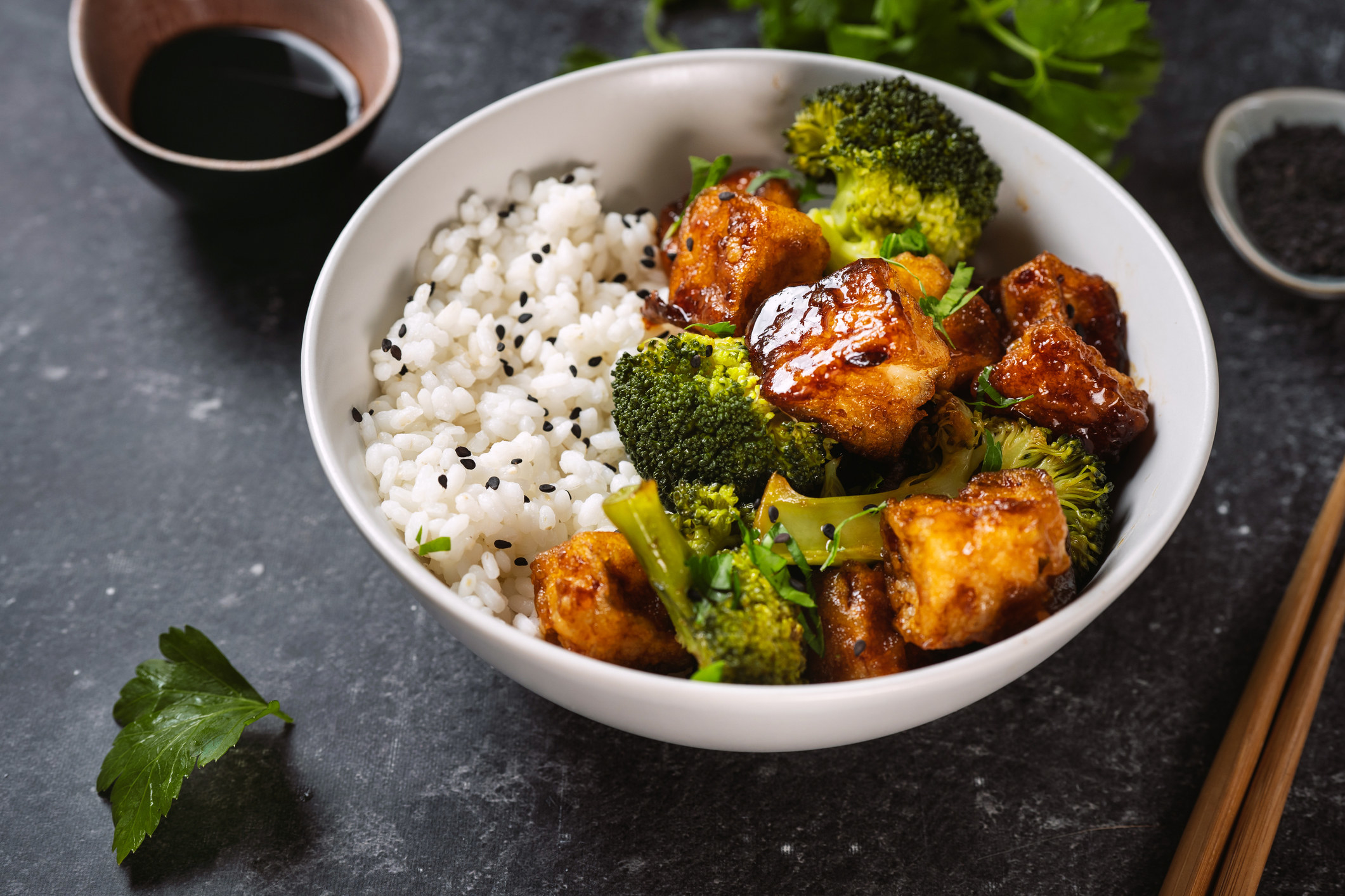 Broccoli and tofu with rice.