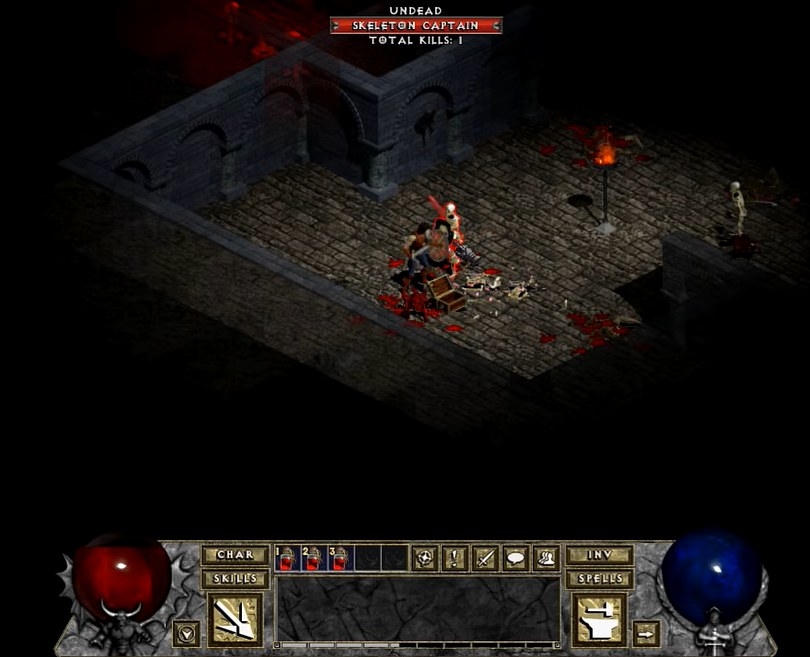A warrior in a dungeon fighting skeletons in the game Diablo