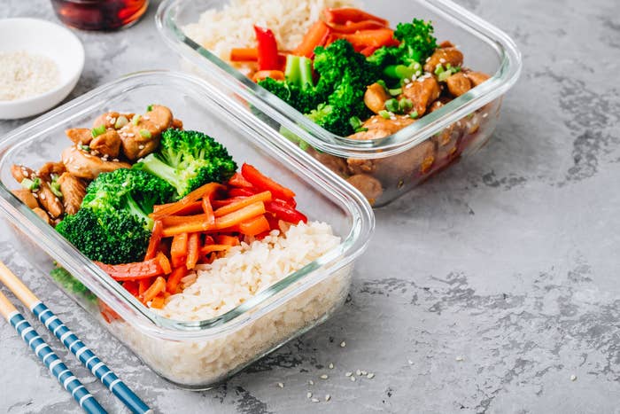 Chicken teriyaki meal prep lunch box containers with broccoli, rice and carrots.