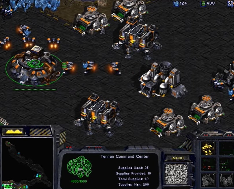 An over head view of a Terran base in the game StarCraft