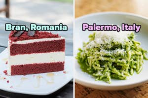 On the left, a slice of red velvet cake labeled Bran, Romania, and on the right, some pesto pasta labeled Palermo, Italy