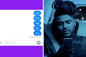 A text message screen shows several messages sent one way and a close up of the Weeknd as he looks at his phone