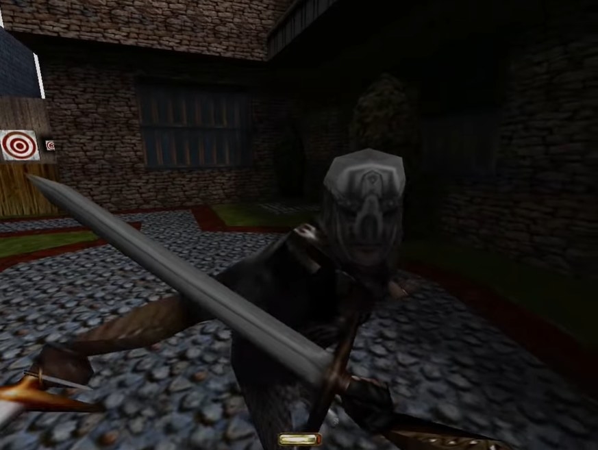 A first-person view of you sparring with your sword against an opponent