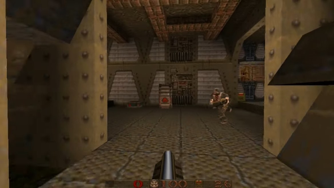 a first-person view of the player about to engage in a shoot out with some enemies
