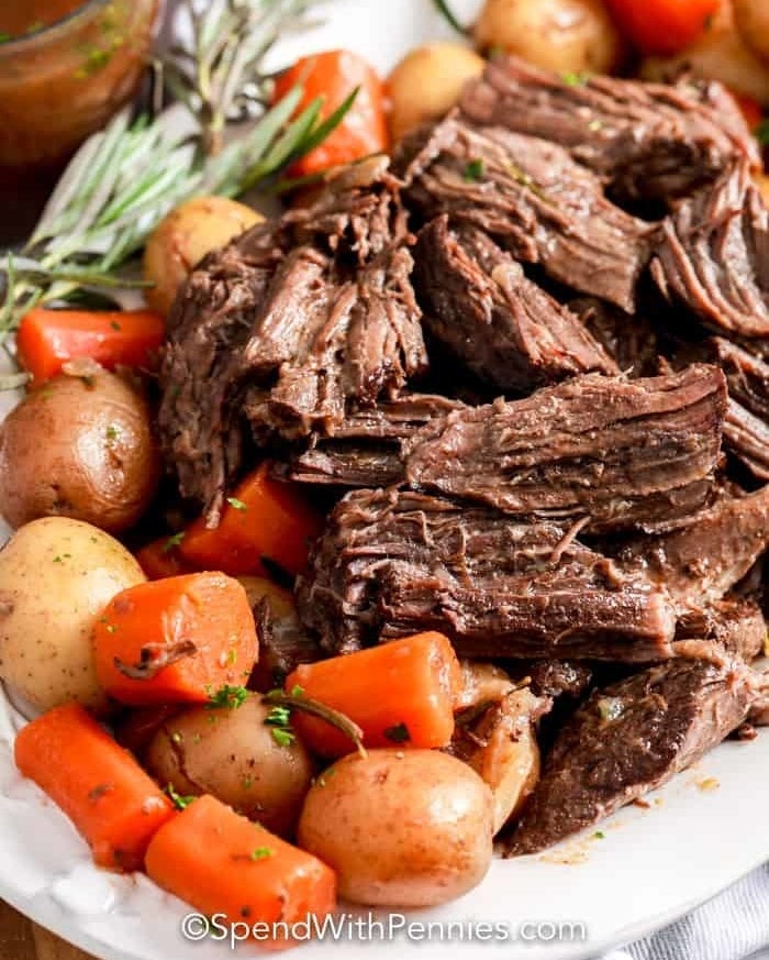 Pot roast with potatoes and carrots.