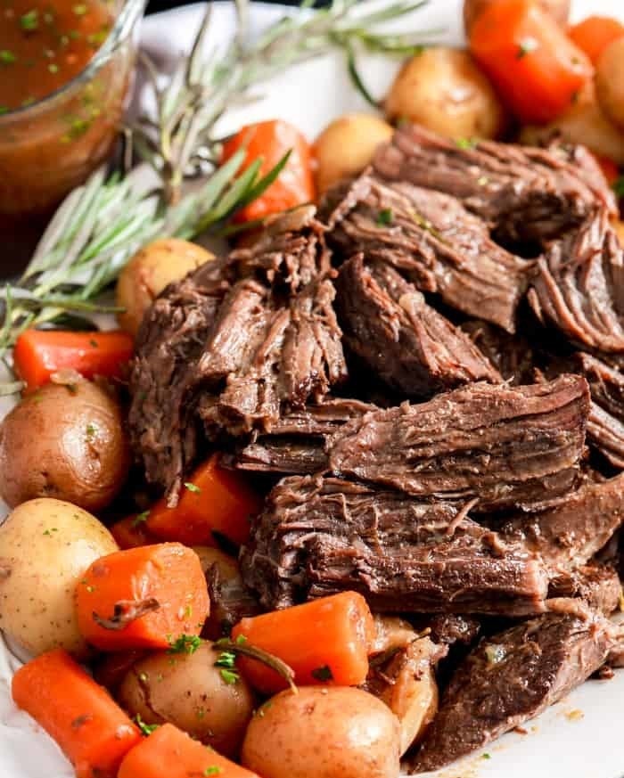 Pot roast with potatoes and carrots.