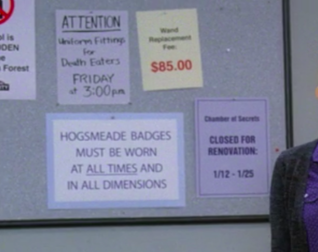 A close up on the bulletin board signs that say, Uniform Fitting for Death Eaters FRIDAY, Wand Replacement Fee 85 dollars, HOGSMEADE BADGES MUST BE WORN AT ALL TIMES AND IN ALL DIMENSIONS, and Chamber of Secrets CLOSED FOR RENOVATION 112  through 1 25