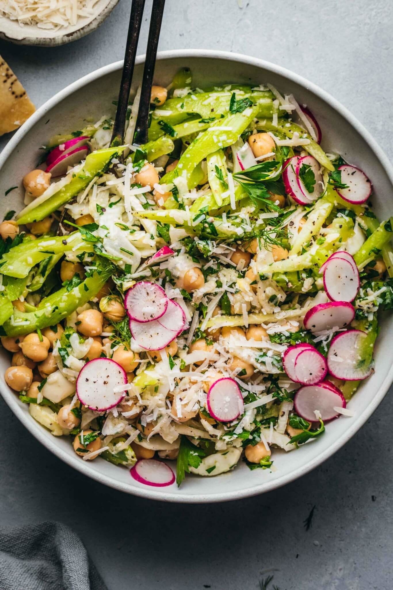 A fennel and chickpea salad with radishes and shaved Parmesan.