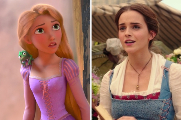 On the left, Rapunzel from Tangled crinkling her eyebrows in confusion, and on the right, Emma Watson as Belle in Beauty and the Beast