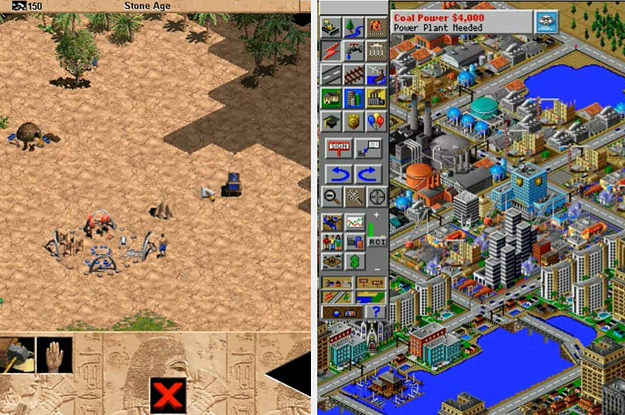 A split image of screenshots from the games Age of Empire on the left and Sim City 2000 on the right