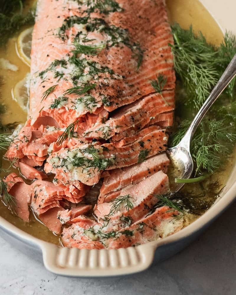 Slow roasted salmon with dill.