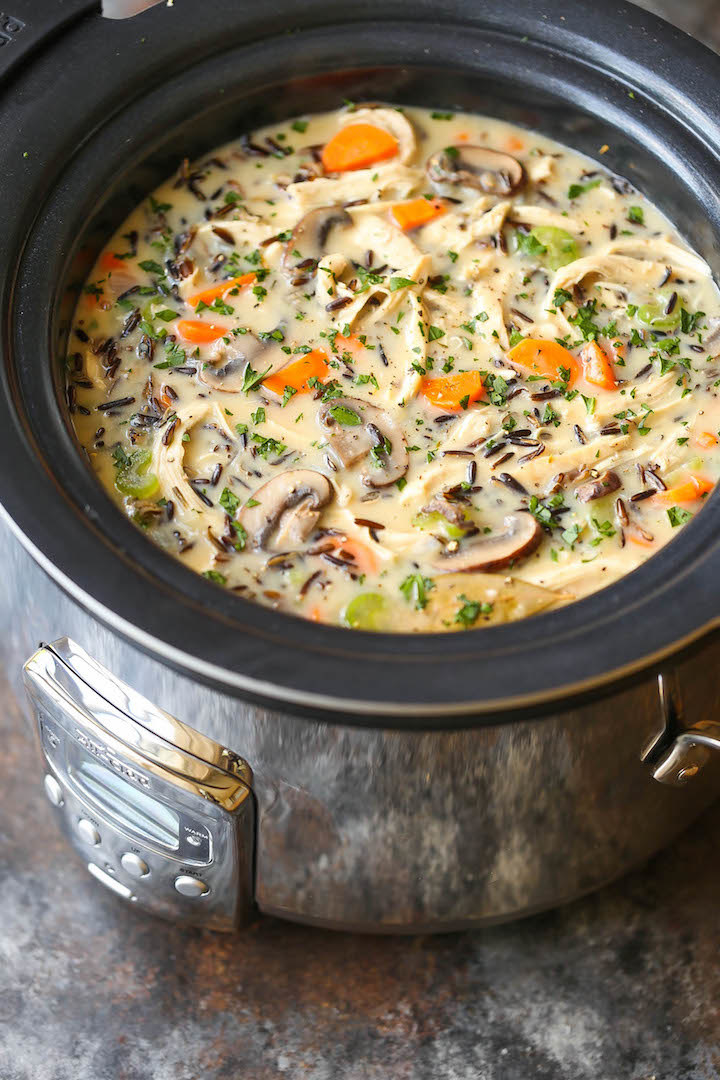 Slow cooker chicken and wild rice soup.