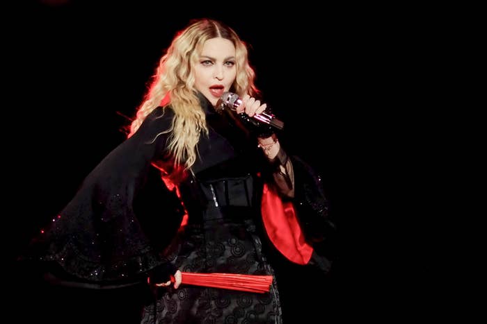 The singer and actress Madonna (Madonna Louise Veronica Ciccone) in concert at the Pala Alpitour in Turin during a stage of her Rebel Heart World Tour.