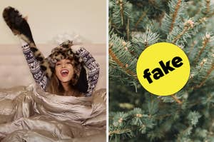 Ariana Grande is on a bed on the left with a Christmas tree on the right marked with a "fake" badge