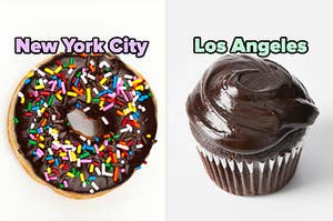 On the left, a chocolate donut topped with sprinkles labeled New York City, and on the right, a chocolate cupcake with chocolate frosting labeled Los Angeles