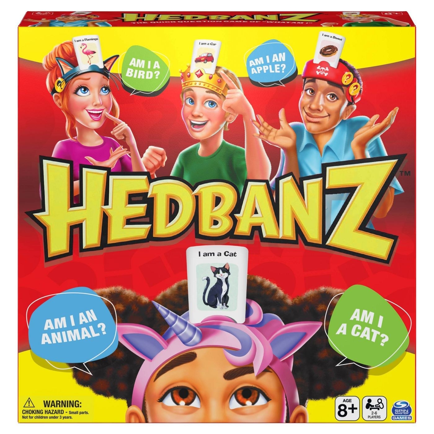 Hedbandz board game, with a person wearing a headband with a card that says &quot;I am a cat&quot;