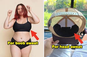 L: a model wearing a matching bra and underwear set and text reading "for boob sweat" with an arrow pointing to the bra, R: a reviewer photo of a sweat liner in a baseball cap and text reading "for head sweat" with an arrow pointing to the liner 