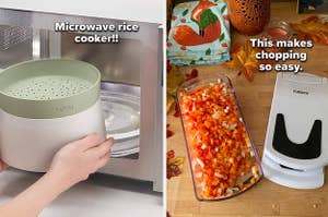 (left) microwave rice cooker (right) veggie chopper