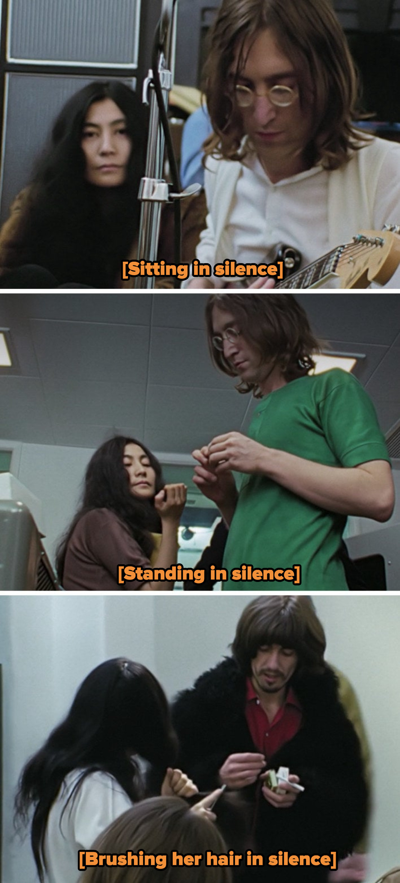 Yoko sitting in silence next to John; Yoko standing in silence next to John; Yoko brushing her hair in silence next to George