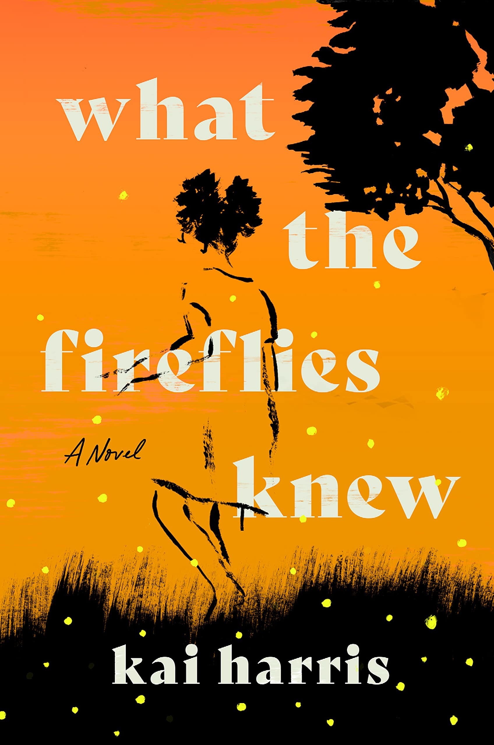 Sketch of a girl playing in a field with fireflies around with white text that reads What The Fireflies Knew&quot;