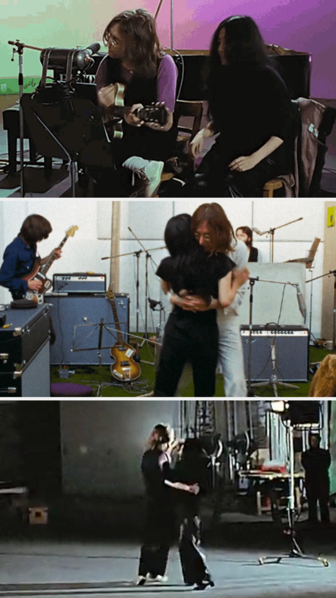 Yoko dancing with John while he plays guitar, while the band is performing, and in the middle of Twickenham Studios