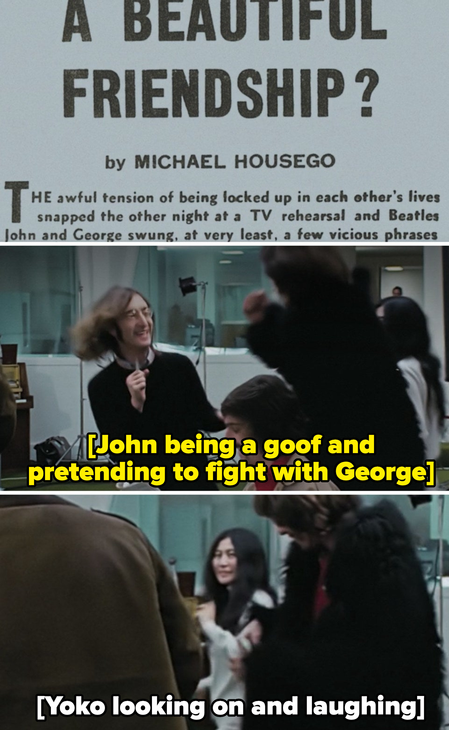 John pretending to be in a boxing fight with George while Yoko looks on with love and laughter