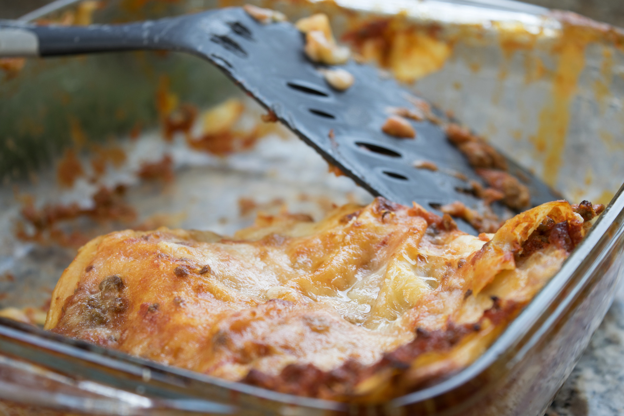 Leftover lasagna in a baking dish.