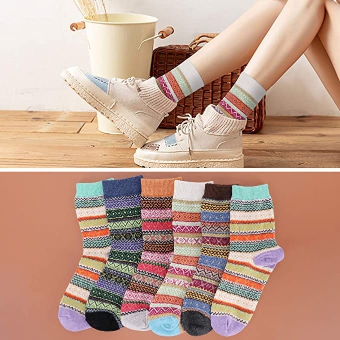 the socks in various colorful patterns
