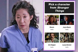 Cristina from Grey's Anatomy wearing scrubs next to a screenshot of the question pick a character from Stranger Things