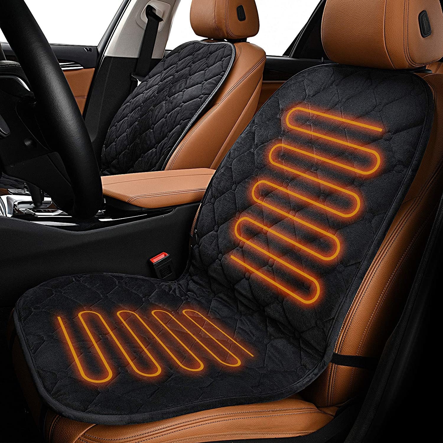 The thin, gridded black seat covers in a car; it covers the back and most of the seat