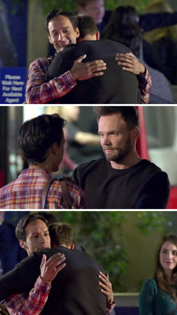 Jeff hugs Abed, lets go, then hugs him again