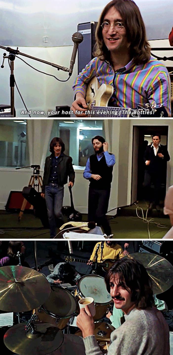 John Lennon staring into the camera: &quot;And now, your host for this evening: The Bottles!;&quot; George and Paul walking into the studio; Ringo drinking coffee while playing drums