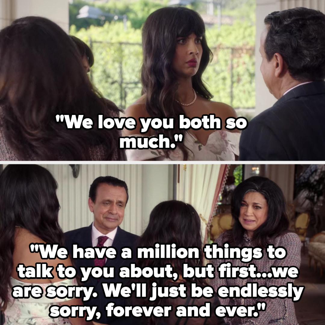 Tahani and Kamilah&#x27;s parents hug their daughters and say &quot;we love you both so much. we have a million things to talk to you about, but first...we are sorry. We&#x27;ll just be endlessly sorry, forever and ever&quot;