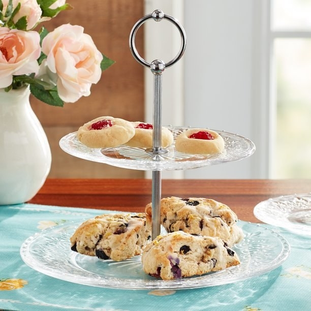 The glass server with scones and cookies.