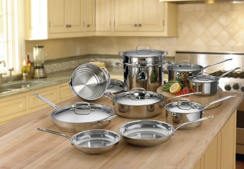 Full cookware set shown on a kitchen island