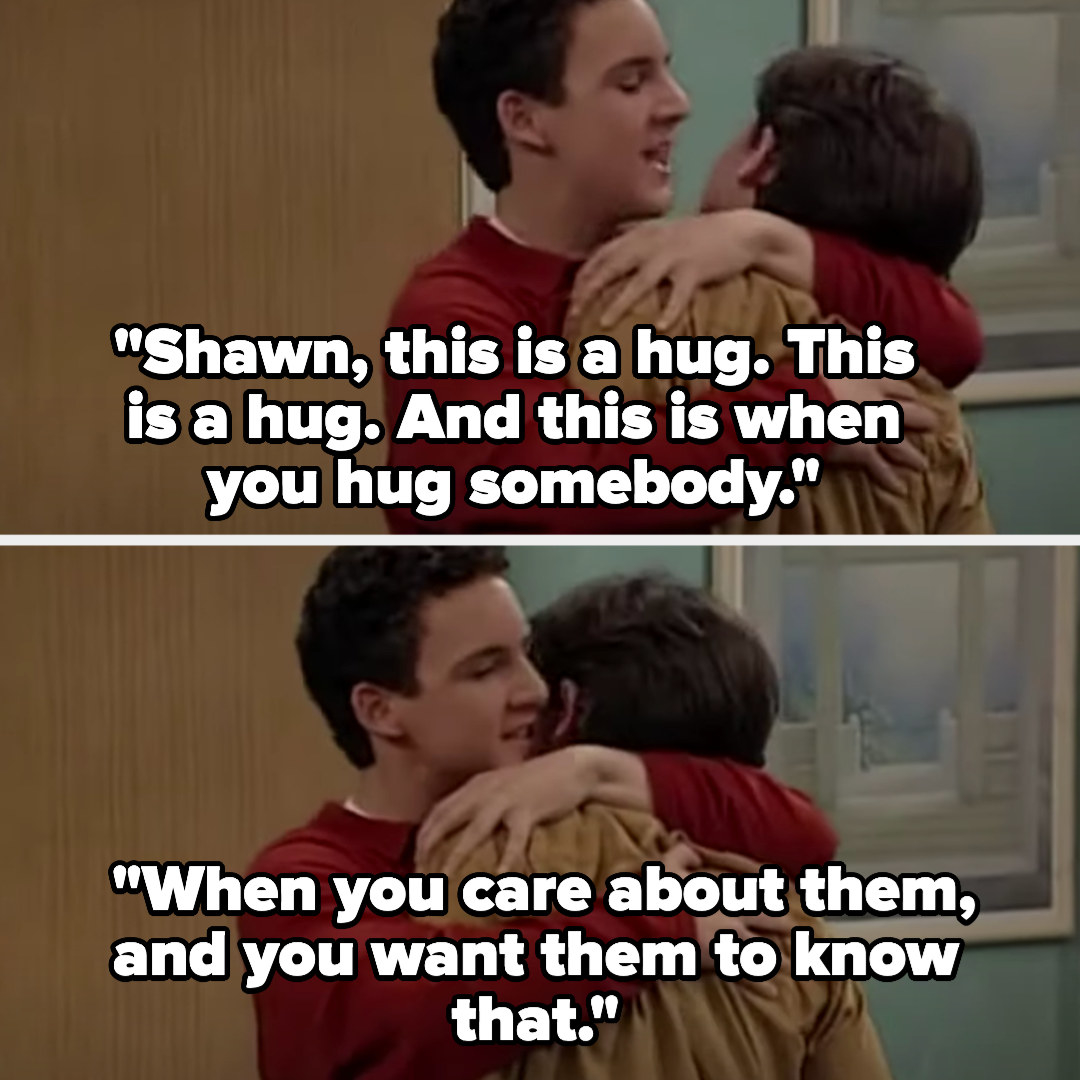 Cory hugs Shawn and says &quot;this is a hug, and this is when you hug somebody, when you care about them and you want them to know that&quot;