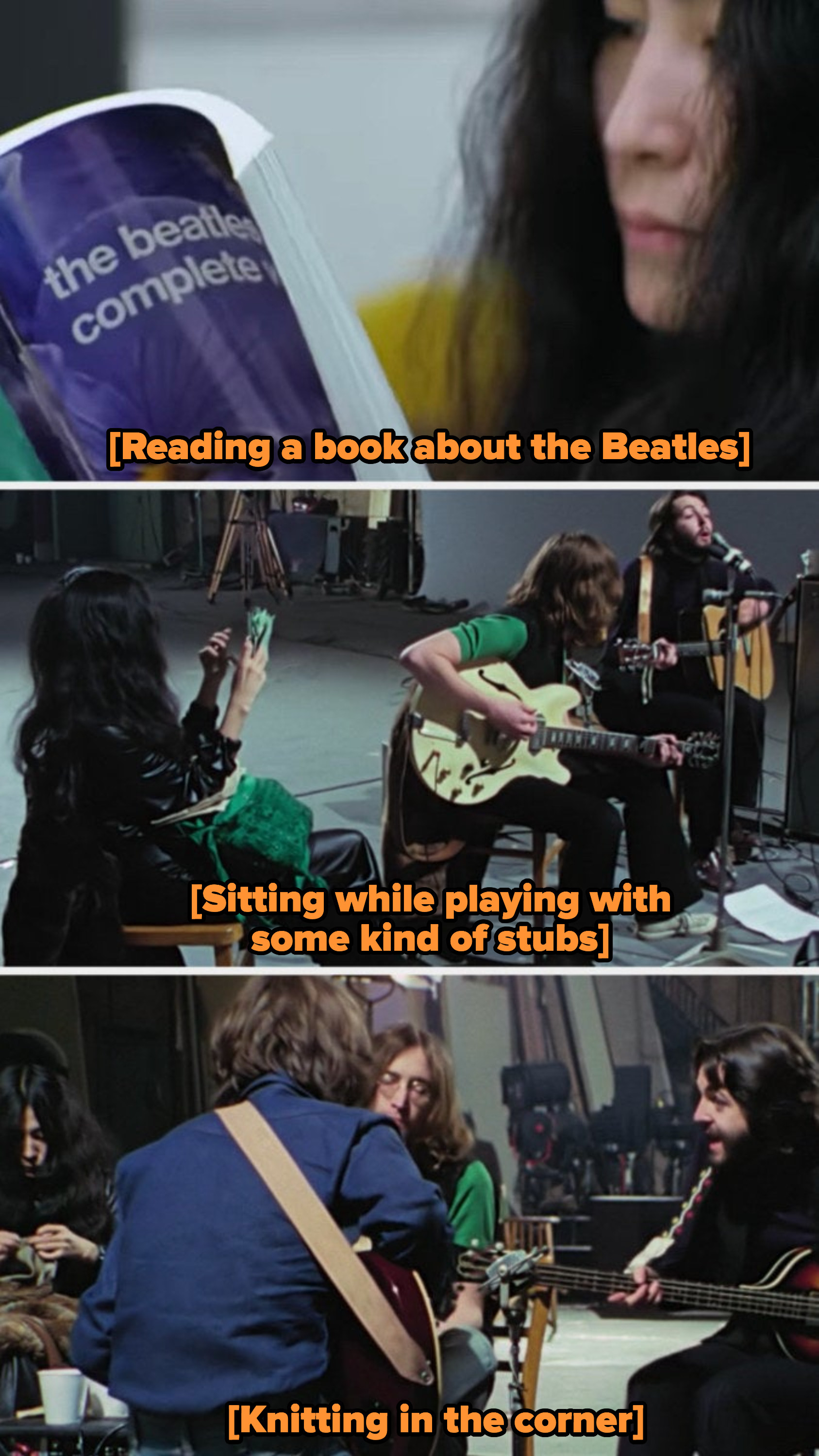 Yoko reading a book on the Beatles; Yoko sitting next to John while looking through stubs; Yoko sitting in the corner knitting