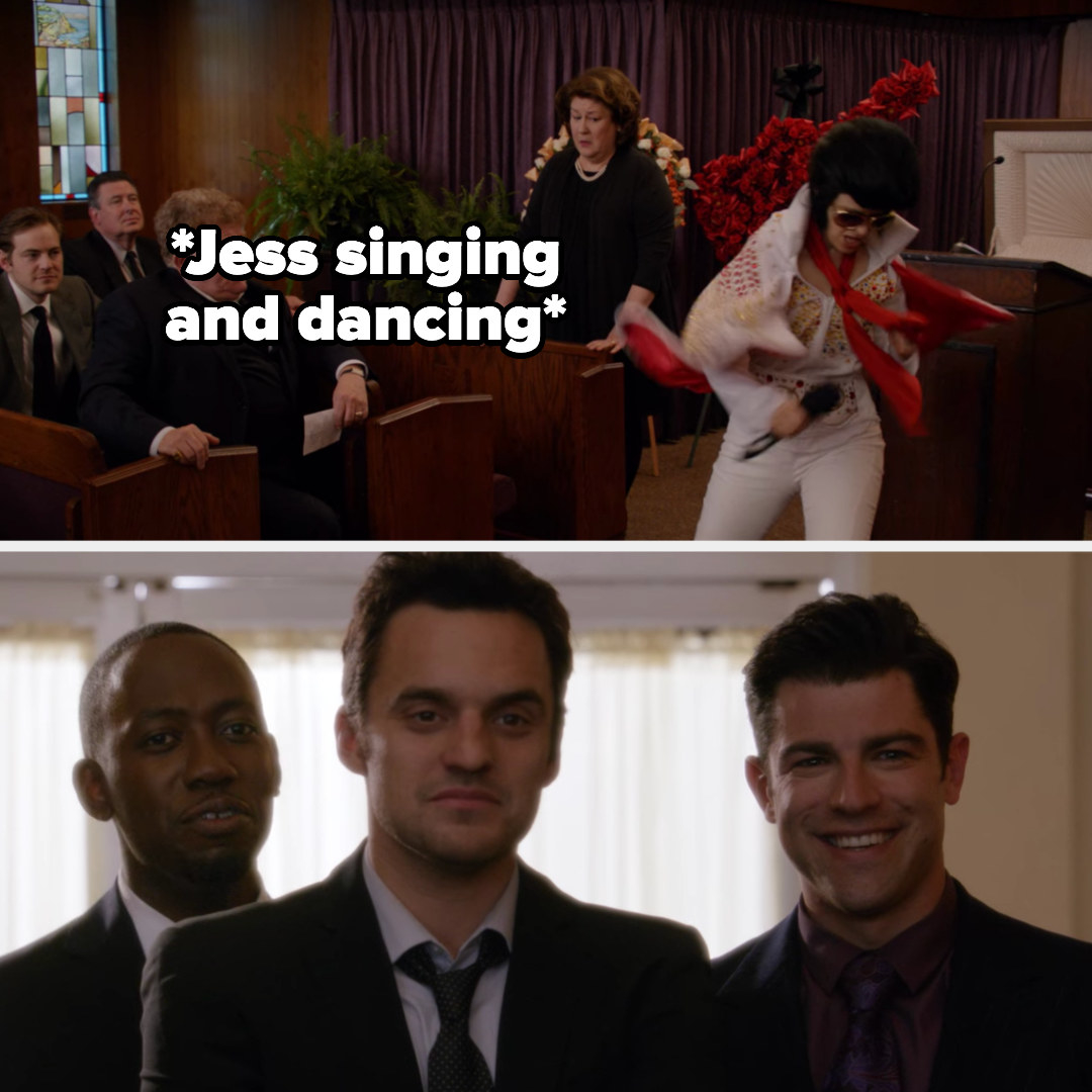 Schmidt, Nick, and Winston smile as they see Jess singing and dancing as Elvis in the funeral home