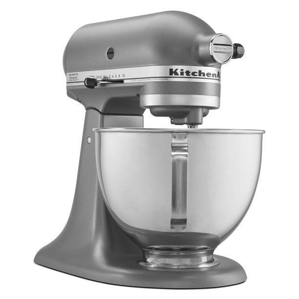 A gray KitchenAid stand mixer.