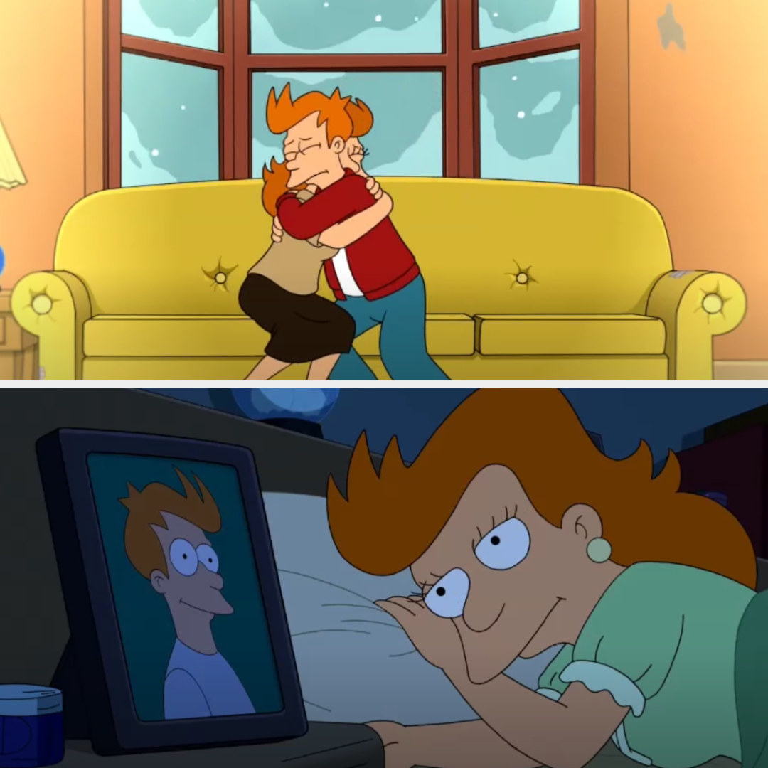 Fry hugs his mom and then she wakes up and looks at a photo of him