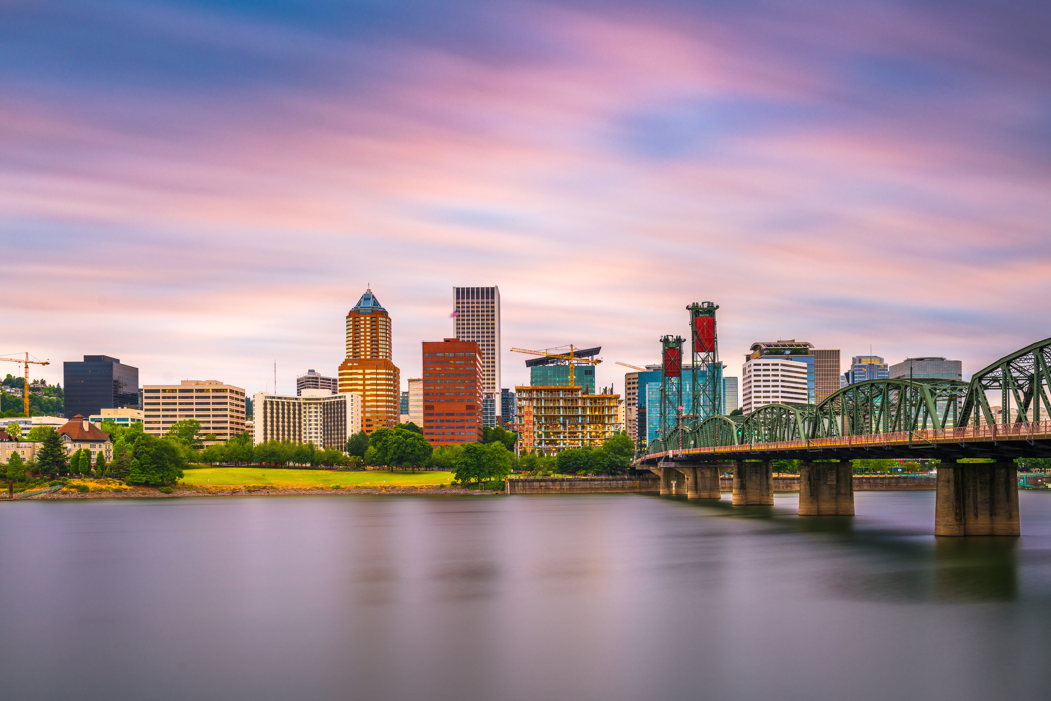 shot of downtown Portland during late sunset