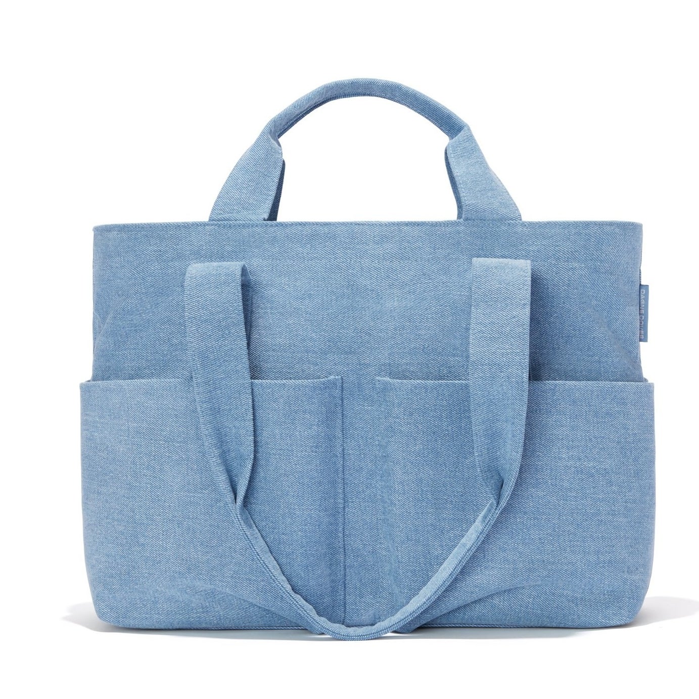 light blue tote with pockets