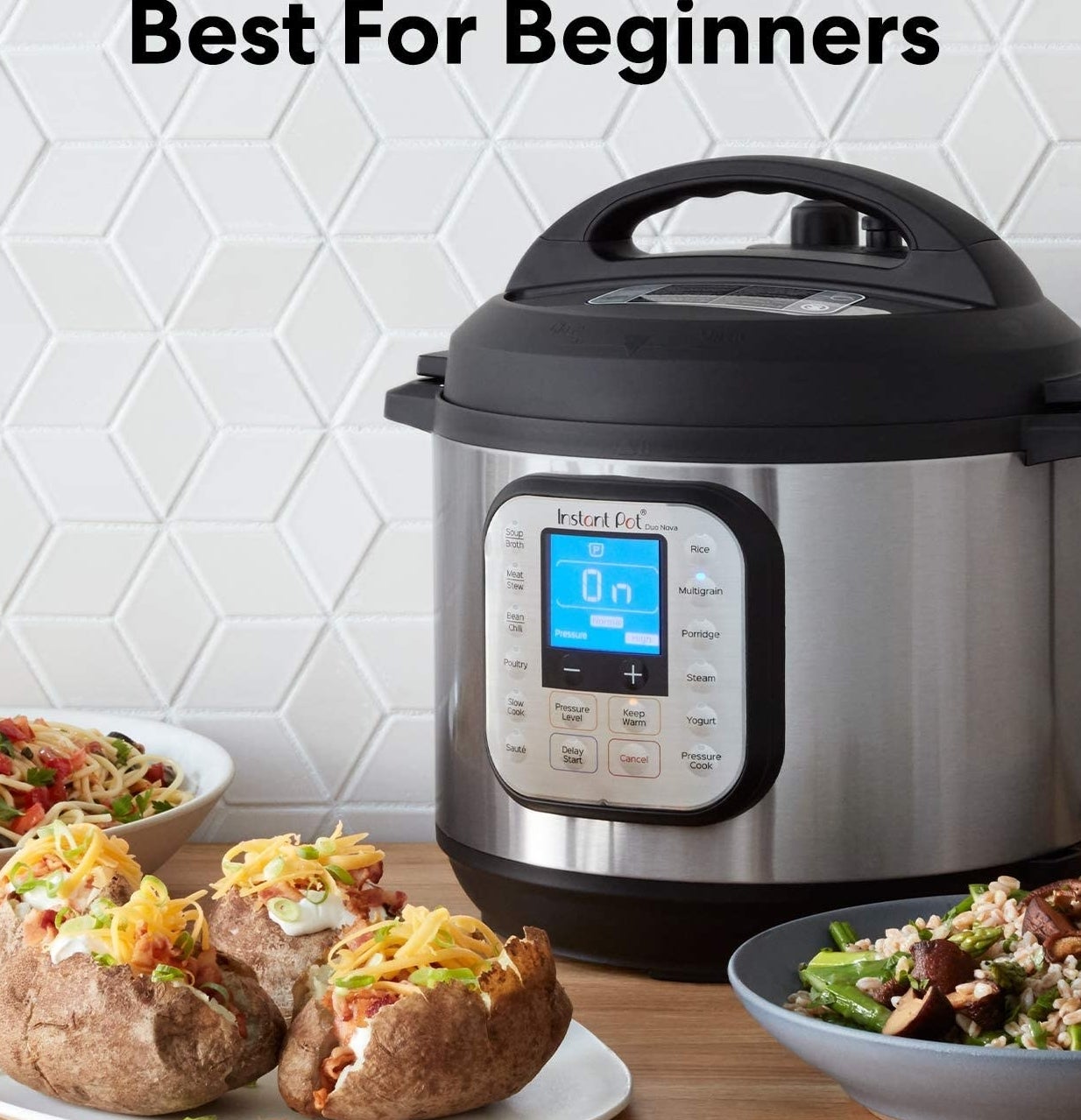 An Instant Pot on a counter surrounded by food