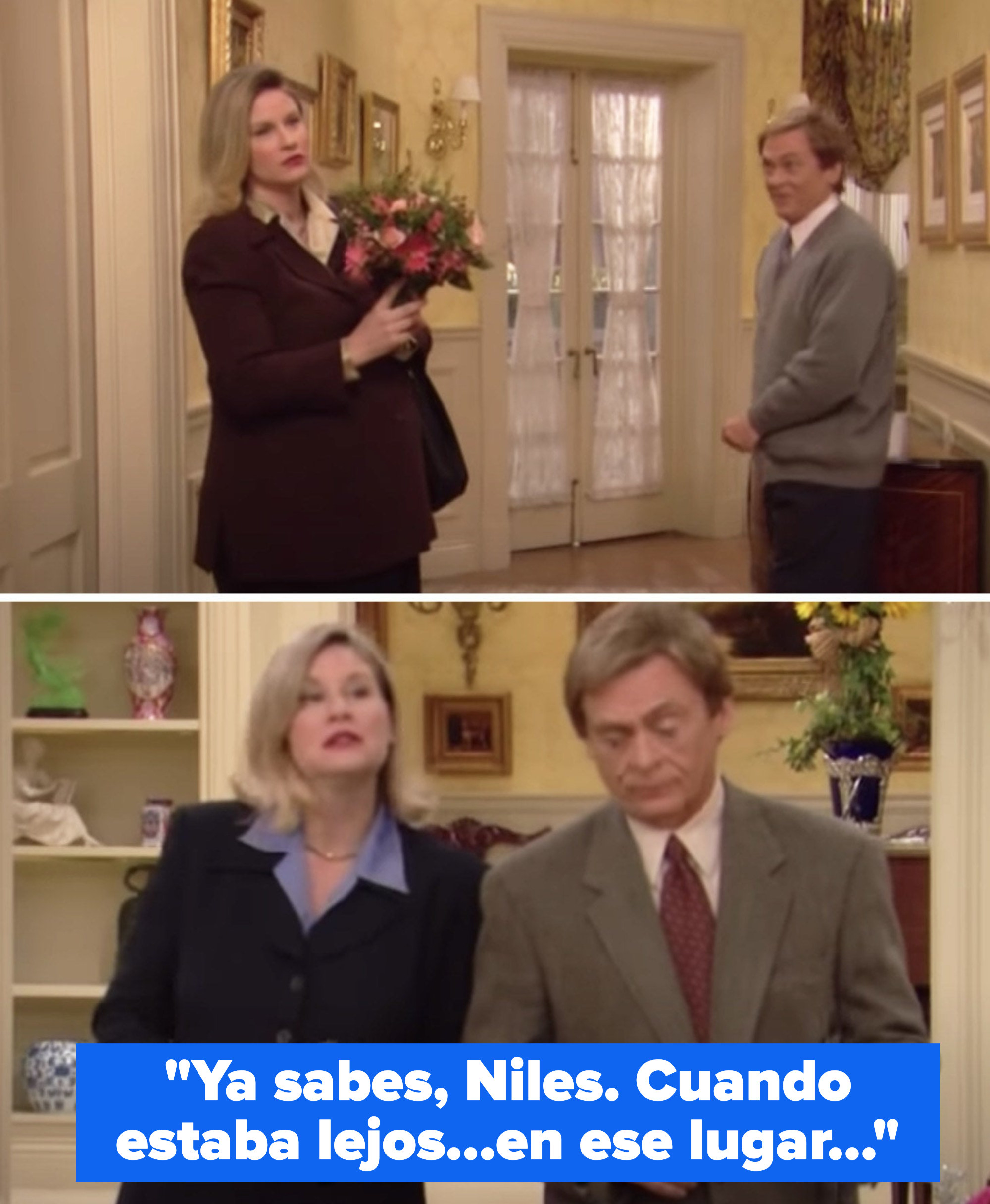 C.C. holding flowers in front of her stomach, and C.C. saying, &quot;You know, Niles. When I was away at...the place...&quot;