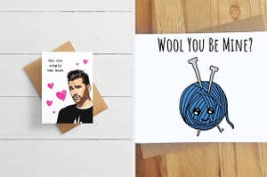 A card with David from Schitt's Creek; a card with a drawing of a ball of wool