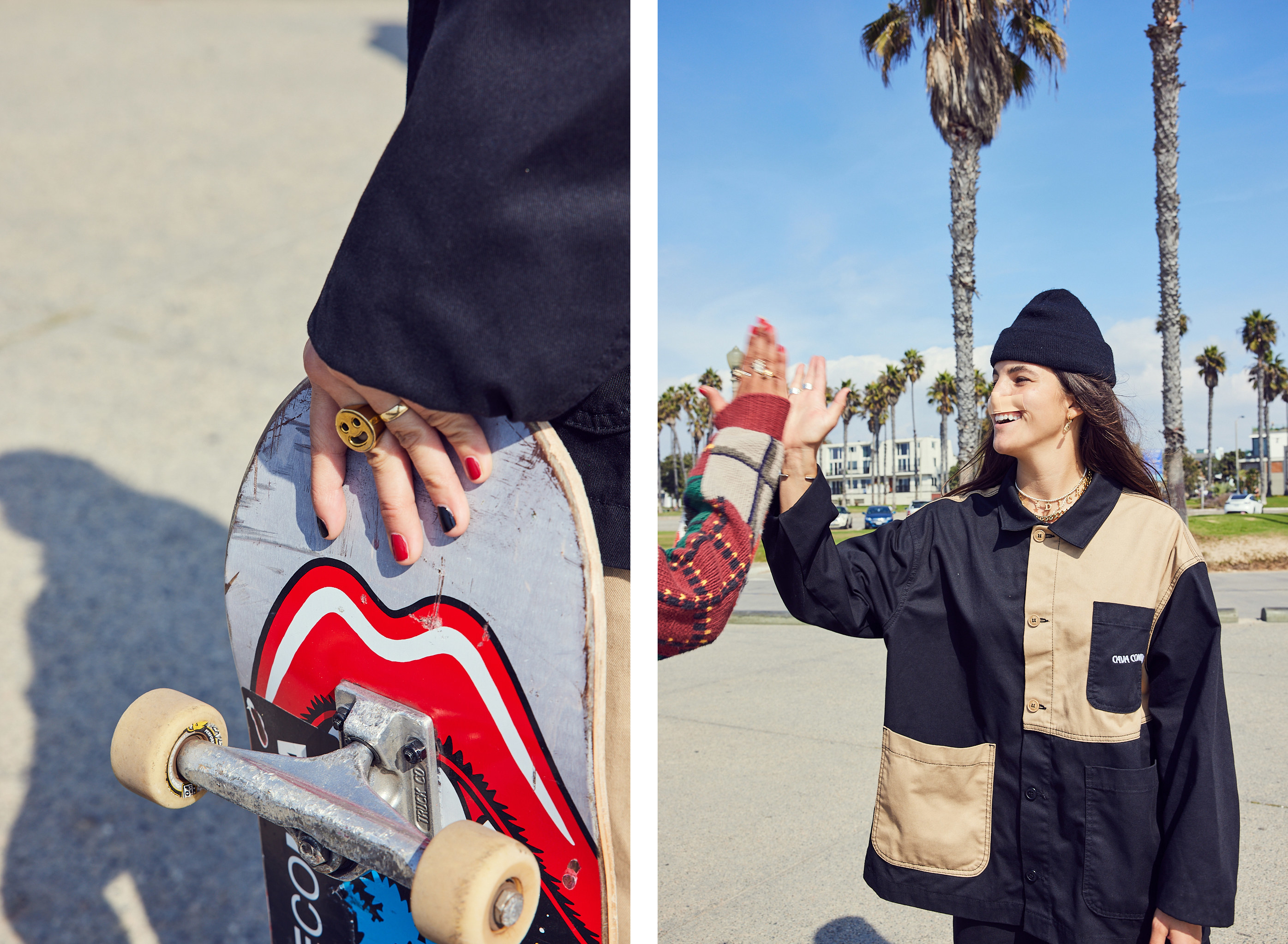 Skater and influencer Brooklinn Khoury&#x27;s hand with a smiley ring and her skateboard, right, Khoury high fiving someone with palm trees in the background